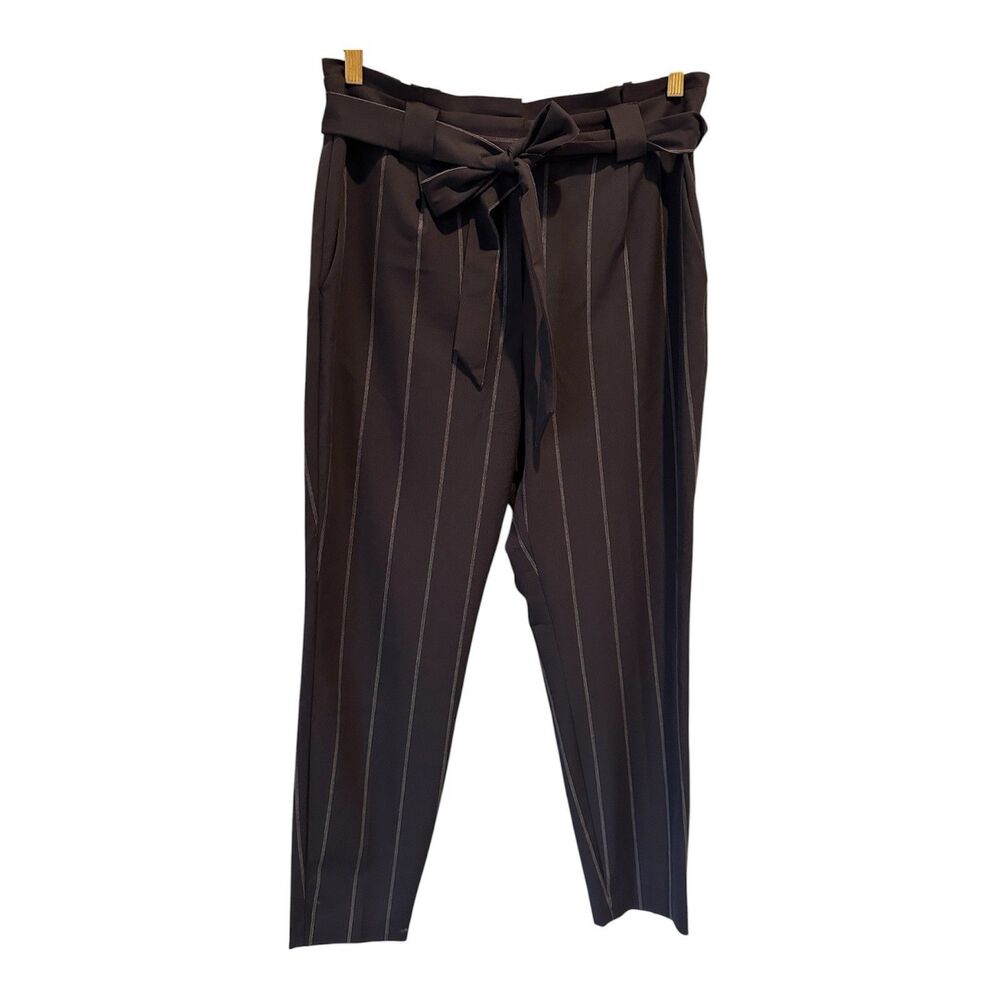 Express Blue Pinstripe Paperbag High Waist Pants Size 10 Tie Belt Taper Trousers